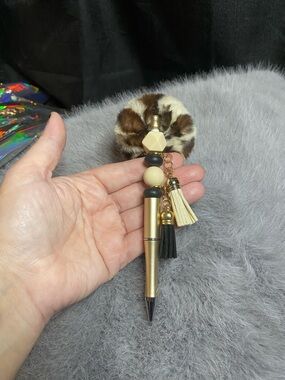 Gold and Brown Faux Fur Pom Keychain Pen with Tassels